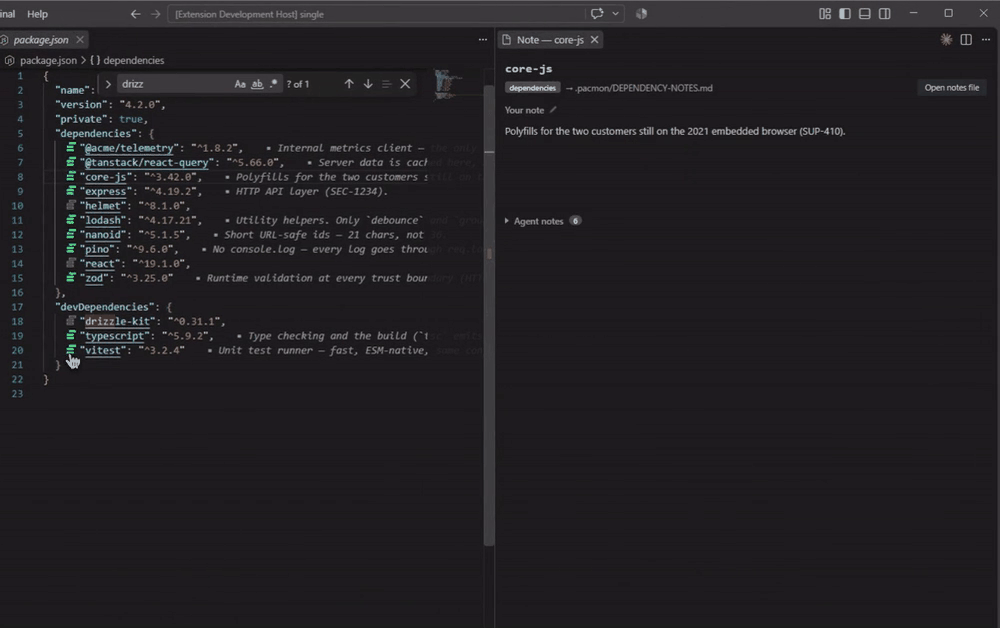 package.json with a short note at the end of each dependency line, and the Depos panel open beside it